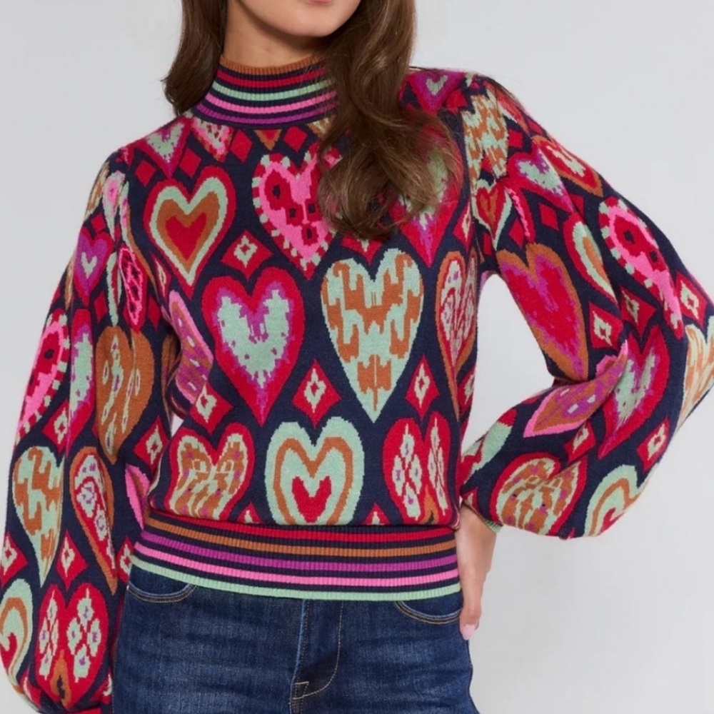 Avara Maddie Heart Sweater Medium NWT New pink blue red
